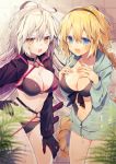  2girls :d :o ahoge bangs belt bikini black_bikini black_gloves blonde_hair blue_eyes blue_jacket blurry_foreground blush braid breasts cleavage collarbone commentary_request cowboy_shot eyebrows_visible_through_hair fate/grand_order fate_(series) front-tie_bikini front-tie_top gloves hair_between_eyes hairband halterneck hands_on_own_chest hands_up indoors jacket jeanne_d&#039;arc_(alter_swimsuit_berserker) jeanne_d&#039;arc_(fate)_(all) jeanne_d&#039;arc_(swimsuit_archer) large_breasts long_hair long_sleeves looking_at_viewer multiple_girls navel open_clothes open_jacket open_mouth oshio_(dayo) partially_unzipped plant shrug_(clothing) sidelocks silver_hair single_braid smile standing swimsuit upper_teeth very_long_hair water_drop yellow_eyes 
