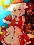  1girl absurdres animal_ears ayashiro blush box breasts christmas christmas_tree cleavage cleavage_cutout detached_sleeves fur_trim gift gift_box hat highres inubashiri_momiji looking_at_viewer medium_breasts panties pom_pom_(clothes) red_eyes santa_costume santa_hat short_hair silver_hair sitting smile solo tail touhou underwear white_panties wide_sleeves wolf_ears wolf_tail 