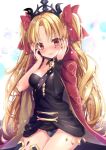  1girl asymmetrical_legwear asymmetrical_sleeves bangs blonde_hair blush bow breasts cape commentary_request cowboy_shot detached_collar diadem earrings embarrassed ereshkigal_(fate/grand_order) eyebrows_visible_through_hair fate/grand_order fate_(series) gold_trim hair_bow hair_ribbon hands_on_own_cheeks hands_on_own_face highres honoka_chiffon hood hood_down hooded_cape jewelry leotard_under_clothes lips long_hair looking_at_viewer medium_breasts nail_polish parted_bangs red_bow red_cape red_eyes ribbon simple_background single_sleeve single_thighhigh skull_necklace solo spine thigh-highs twintails two_side_up very_long_hair wavy_hair white_background 