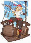  1girl bandanna barrel belt blade blonde_hair blue_eyes blue_sky boots breasts cleavage coin commentary commission gold gun highres large_breasts lock long_hair midriff navel original pants pirate red_bandana shirt sky smile solo splashbrush treasure_chest weapon white_shirt 