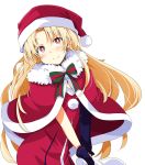  1girl alternate_costume asymmetrical_sleeves bangs blonde_hair blush breasts capelet chata_maru_(irori_sabou) christmas commentary_request ereshkigal_(fate/grand_order) eyebrows_visible_through_hair fate/grand_order fate_(series) hair_down hat highres leaning_forward long_hair looking_at_viewer medium_breasts parted_bangs pom_pom_(clothes) red_capelet red_eyes red_hat sack santa_costume santa_hat single_sleeve smile solo tohsaka_rin upper_body white_background 