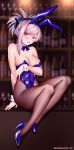  1girl animal_ears asymmetrical_hair bangs bar bare_shoulders black_bow blue_eyes blue_footwear blue_leotard blurry blurry_background blush bottle bow bowtie breasts bunny_girl cleavage fake_animal_ears fate/grand_order fate_(series) fishnet_pantyhose fishnets hair_bow hair_ornament high_heels highres hips large_breasts legs leotard long_hair looking_at_viewer miyamoto_musashi_(fate/grand_order) obiwan open_mouth pantyhose pink_hair ponytail rabbit_ears sitting solo swept_bangs thighs wine_bottle wrist_cuffs 
