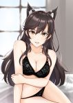  1girl animal_ears arm_support atago_(azur_lane) azur_lane bangs black_bra black_hair black_panties blurry blurry_background blush bra breasts brown_eyes cleavage collarbone commentary_request extra_ears eyebrows_visible_through_hair highres holding_arm indoors large_breasts lingerie long_hair looking_at_viewer mole mole_under_eye navel nekkusu_(nex_06) on_bed panties parted_lips sitting smile solo sunlight swept_bangs underwear window 