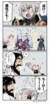  1girl 2boys 4koma :&gt; :d ? ^_^ afterimage asaya_minoru bandage bandaged_arm bandages bangs bare_shoulders beard black_gloves black_hair black_shirt blue_cape cape closed_eyes closed_eyes comic edward_teach_(fate/grand_order) eyebrows_visible_through_hair facial_hair facial_scar fate/grand_order fate_(series) fingerless_gloves flailing flying_sweatdrops gao_changgong_(fate) gloves grey_hair hair_between_eyes holding holding_mask horns jack_the_ripper_(fate/apocrypha) mask mask_removed multiple_boys mustache navel open_mouth petals profile scar scar_across_eye scar_on_cheek shirt silver_hair single_glove sleeveless sleeveless_shirt smile sparkle translation_request twitter_username v-shaped_eyebrows violet_eyes white_shirt 