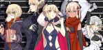  5girls ahoge artoria_pendragon_(all) artoria_pendragon_(lancer_alter) artoria_pendragon_(swimsuit_rider_alter) baozi blonde_hair bow breasts brown_eyes cape crossed_arms eating fate/grand_order fate_(series) food food_in_mouth fur_cape glasses hair_bow height_chart jeanne_d&#039;arc_(fate)_(all) jeanne_d&#039;arc_alter_santa_lily looking_at_viewer medium_breasts multiple_girls mysterious_heroine_x_(alter) okita_souji_(alter)_(fate) okita_souji_(fate)_(all) over_shoulder pale_skin popcorn sack scarf small_breasts smile sweater teshima_nari upper_body weapon weapon_over_shoulder yellow_eyes 