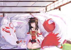  1girl animal_ears azur_lane black_hair closed_eyes controller detached_sleeves dress fox fox_ears hair_ornament highres japanese_clothes kneehighs knees_together_feet_apart long_hair multiple_tails nagato_(azur_lane) playstation_controller red_dress sitting sleeping tail white_legwear 