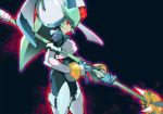  1girl android black_background cowboy_shot expressionless green_hair helmet holding holding_staff kon_(kin219) pandora_(rockman) power_armor profile red_eyes rockman rockman_zx simple_background solo staff weapon 