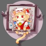 1girl animal animalization cat cat_focus chamaruku closed_mouth clothed_animal commentary_request flandre_scarlet hat looking_at_viewer mob_cap no_eyebrows no_humans paws picture_frame red_eyes short_sleeves solo torn touhou yellow_neckwear