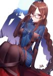  1girl adjusting_eyewear black-framed_eyewear black_dress black_gloves blue_bodysuit bodysuit braid breasts brown_hair center_opening closed_mouth commentary_request consort_yu_(fate) covered_collarbone covered_navel dress dutch_angle ear_piercing eyebrows_visible_through_hair fate_(series) glasses gloves gogatsu_fukuin highres long_hair looking_at_viewer medium_breasts piercing red_eyes ribbon-trimmed_dress sidelocks single_braid sitting striped_bodysuit very_long_hair zoom_layer 