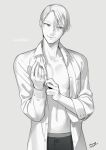  1boy amg_(nwmnmllf) artist_name character_name collared_shirt greyscale male_focus monochrome open_clothes open_shirt shirt smile viktor_nikiforov yuri!!!_on_ice 