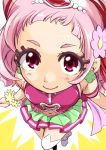  1girl aura bare_shoulders blush commentary cure_yell earrings eyelashes flower forehead from_above hair_flower hair_ornament hair_ribbon heart hugtto!_precure jewelry lipstick long_hair looking_at_viewer looking_up magical_girl makeup naruse_yasuhiro navel nono_hana pink_eyes pink_hair precure ribbon scrunchie shoes skirt sleeveless smile solo thigh-highs wrist_scrunchie 