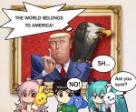 2boys 2girls ? aqua_eyes aqua_hair bald_eagle bangs bird black_hair black_jacket black_sleeves bow character_request collared_shirt comedy copyright_request creatures_(company) detached_sleeves donald_trump eagle english fujiwara_no_mokou game_freak gen_1_pokemon green_shirt hair_between_eyes hair_bow hair_ribbon hatsune_miku jacket long_hair long_sleeves looking_at_viewer looking_to_the_side multiple_boys multiple_girls necktie nintendo pikachu pink_bow pink_hair pointing pointing_up pokemon pokemon_(creature) puffy_short_sleeves puffy_sleeves ranguage red_neckwear ribbon shangguan_feiying shirt short_sleeves speech_bubble thinking thought_bubble touhou tress_ribbon twintails very_long_hair vocaloid white_bow white_shirt