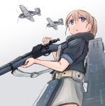  1girl aircraft aircraft_request airplane apron black_shirt blue_eyes brown_hair commentary_request cowboy_shot flight_deck gun intrepid_(kantai_collection) kabayaki_namazu kantai_collection m1903_springfield neck_pillow open_mouth ponytail rifle shirt short_hair simple_background solo weapon white_background 