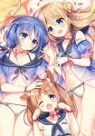  3girls :d ;d animal_ears blonde_hair blue_hair bow brown_hair choker commentary_request hair_bun hair_flaps hair_ornament hand_on_another&#039;s_head hands_together lying multiple_girls navel no_legwear on_back one_eye_closed open_mouth original panties sailor_collar see-through smile suimya underwear 