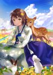  1girl ahoge animal arm_rest bangs blue_sky blush brown_hair cherim closed_mouth clouds cloudy_sky commentary_request day deer field flower flower_field hair_flower hair_ornament hanbok highres korean_clothes light_particles long_sleeves looking_at_viewer meadow mole mole_under_eye original outdoors rabbit rock short_hair sky smile solo tareme yellow_eyes yellow_flower 