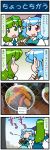  2girls 4koma anger_vein artist_self-insert blue_eyes blue_hair clenched_hand closed_eyes comic commentary_request detached_sleeves dragging food frog_hair_ornament green_eyes green_hair hair_ornament hair_tubes heterochromia highres holding holding_umbrella japanese_clothes juliet_sleeves kochiya_sanae long_sleeves mizuki_hitoshi multiple_girls nontraditional_miko open_mouth oriental_umbrella photo puffy_sleeves red_eyes short_hair skirt smile snake_hair_ornament sweatdrop tatara_kogasa tempura touhou translation_request umbrella vest wide_sleeves 