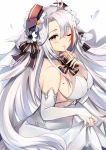  1girl antenna_hair azur_lane bangs bare_shoulders blush breasts bridal_gauntlets bridal_veil brown_eyes choker cowboy_shot dress dress_lift eyebrows_visible_through_hair finger_to_mouth glint gloves hair_between_eyes large_breasts lifted_by_self long_hair looking_at_viewer mole mole_on_breast multicolored_hair one_eye_closed parted_lips prinz_eugen_(azur_lane) redhead ribbon ry_thae shushing silver_hair simple_background smile solo strapless strapless_dress streaked_hair two_side_up veil very_long_hair wedding_dress white_background white_dress white_gloves 