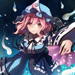  1girl black_bow black_ribbon blue_bow blue_dress bow cherry_blossoms dress fan folding_fan frills ghost hat hitodama japanese_clothes lilith_(lilithchan) long_sleeves looking_at_viewer mob_cap neck_ribbon night open_mouth petals pink_eyes pink_hair red_eyes ribbon saigyouji_yuyuko sash short_hair touhou triangular_headpiece wavy_hair wide_sleeves 