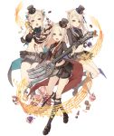  3girls :d :o animal_ears basket blonde_hair cake candy cracker cupcake food fork full_body hat instrument instrument_request ji_no kneehighs looking_at_viewer mary_janes midriff multiple_girls musical_note navel official_art open_mouth pig_ears plump pouch shoes sinoalice skinny skirt smile sock_garters three_little_pigs_(sinoalice) top_hat transparent_background violet_eyes 