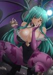  1girl animal_print bangs bare_shoulders bat bat_print bat_wings blush breasts bridal_gauntlets chains cleavage closed_mouth collar commentary demon_girl english_commentary green_hair hand_on_own_face head_wings heart_cutout hellandheaven highres large_breasts leotard long_hair looking_at_viewer moon morrigan_aensland nail_polish night night_sky outdoors pantyhose print_legwear purple_legwear purple_wings sky smile squatting succubus vampire_(game) wings yellow_eyes 