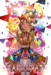  1girl :d balloon bang_dream! blurry blurry_background blush bow bowtie brown_hair chino_machiko commentary_request cowboy_shot cropped_vest depth_of_field embarrassed facing_viewer frilled_skirt frills glint gloves hair_ornament hat hat_bow hat_ornament head_tilt okusawa_misaki open_mouth red_neckwear red_skirt red_vest short_hair showgirl_skirt skirt smile solo standing thigh-highs top_hat vest white_gloves white_legwear 