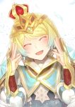  1girl blonde_hair blue_eyes blue_hair crown dress earrings feather_trim fire_emblem fire_emblem_heroes fjorm_(fire_emblem_heroes) gradient gradient_hair highres jewelry looking_at_viewer multicolored_hair nakabayashi_zun nintendo short_hair simple_background smile solo 