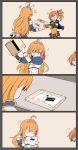  2girls ahoge blue_eyes box capelet cardboard_box character_request closed_eyes comic commentary eating gift gloves highres long_hair multiple_girls o_o orange_hair paper parody pecorine portal_(series) princess_connect! 