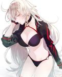  1girl ahoge bikini black_bikini black_choker black_gloves black_jacket choker commentary_request cropped_jacket fate/grand_order fate_(series) gloves jacket jeanne_d&#039;arc_(alter_swimsuit_berserker) jeanne_d&#039;arc_(fate)_(all) long_hair o-ring o-ring_bikini o-ring_bottom o-ring_top oguanf shrug_(clothing) silver_hair solo swimsuit yellow_eyes 