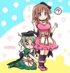  2girls :&lt; ? apron black_hat black_legwear blush breasts brown_hair dated dress green_dress green_eyes green_footwear green_hair hat heart kneehighs large_breasts multiple_girls nishida_satono o_o panties panty_pull pink_dress pink_footwear pink_panties pote_(ptkan) puffy_short_sleeves puffy_sleeves shoes short_hair_with_long_locks short_sleeves sitting smile spoken_question_mark standing sweat teireida_mai touhou underwear violet_eyes 