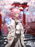  1girl animal_ears blue_eyes cherry_blossoms commentary_request day fox_ears hitodama honkai_impact japanese_clothes katana kimono lming_(2072878058) long_hair looking_at_viewer pink_hair sheath sheathed smile solo standing sword torii very_long_hair weapon white_kimono yae_sakura_(honkai_impact) 