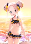  1girl :d abigail_williams_(fate/grand_order) bare_arms bare_shoulders bell_(oppore_coppore) bikini black_bikini black_bow blonde_hair blue_eyes blush bow collarbone commentary_request double_bun emerald_float eyebrows_visible_through_hair fate/grand_order fate_(series) forehead hair_bow head_tilt highres horns long_hair looking_at_viewer navel ocean open_mouth orange_bow outdoors side_bun sidelocks smile solo sunset swimsuit water wet 