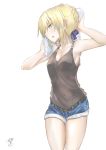  1girl absurdres araido_kagiri artoria_pendragon_(all) belt blonde_hair braid breasts cleavage denim denim_shorts drying drying_hair fate_(series) french_braid from_side highres medium_breasts saber_alter shorts solo sweat tank_top wet white_background yellow_eyes 