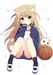  1girl animal animal_ear_fluff animal_ears bangs basketball black_jacket black_legwear black_shorts blue_eyes blush cat cat_ears cat_tail closed_mouth commentary_request eyebrows_visible_through_hair full_body green_eyes hair_ornament hairclip hand_on_own_knee hand_to_own_mouth highres jacket knees_together_feet_apart long_hair long_sleeves looking_at_viewer mafuyu_(chibi21) name_tag open_clothes open_jacket original revision shirt shoes shorts simple_background sitting sleeves_past_wrists socks solo star starry_background tail track_jacket unzipped very_long_hair white_background white_cat white_shirt 