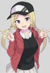  1girl :d aki_poi bangs baseball_cap black_hat blonde_hair blush collared_shirt commentary_request eyebrows_visible_through_hair grey_background hands_up hat head_tilt jacket long_hair low_twintails open_clothes open_jacket open_mouth original parted_bangs pleated_skirt red_jacket round_teeth shirt simple_background skirt smile solo sweater_vest teeth twintails upper_teeth very_long_hair violet_eyes white_shirt white_skirt 
