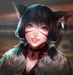  1girl absurdres animal_ears black_hair blurry blurry_background brown_eyes cat_ears choker close-up commission enmoire face facial_mark fangs final_fantasy final_fantasy_xiv hair_tubes highres jewelry looking_at_viewer miqo&#039;te pendant scar short_hair single_earring smile solo tattoo whisker_markings 