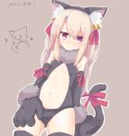  1girl animal_ears bell black_gloves black_legwear black_leotard brown_hair cat_ears cat_tail center_opening elbow_gloves fake_animal_ears fate/kaleid_liner_prisma_illya fate_(series) flat_chest gloves gluteal_fold hair_ornament hairband hand_on_own_thigh highres illyasviel_von_einzbern jingle_bell leotard long_hair navel paw_gloves paws red_eyes ribbon simple_background solo tail tail_ribbon thigh-highs 