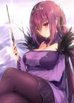  1girl :o arm_under_breasts bangs blurry blurry_background breasts cleavage dress eyebrows_visible_through_hair fate/grand_order fate_(series) fur_trim hair_between_eyes hair_ribbon highres holding holding_wand horizon jewelry jiiwara large_breasts legs_crossed long_hair looking_at_viewer outdoors pantyhose purple_dress purple_hair red_eyes ribbon scathach_(fate)_(all) scathach_skadi_(fate/grand_order) snow solo tiara wand 