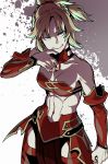  1girl abs armor bare_shoulders blonde_hair braid breasts detached_sleeves fate/apocrypha fate/grand_order fate_(series) french_braid green_eyes highres long_hair mordred_(fate) mordred_(fate)_(all) ponytail small_breasts solo takatsuki_nato thighs wavy_mouth white_background 