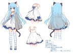  1girl amashiro_natsuki animal_ear_fluff animal_ears blue_eyes blue_hair bow cat_ears character_profile commentary_request dress frilled_dress frills grey_hoodie hood hood_down hoodie long_hair long_sleeves original parted_lips ribbon_trim short_dress sketch striped striped_legwear thigh-highs translation_request zettai_ryouiki 