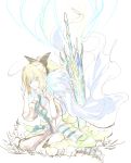  1girl ahoge armor blonde_hair cape character_request fate/grand_order fate_(series) green_eyes highres long_hair looking_at_viewer ponytail sitting sketch solo wariza white_background 