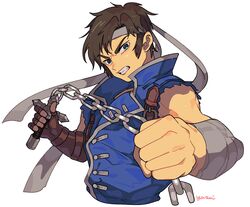  1boy belt blue_eyes brown_hair castlevania castlevania:_rondo_of_blood gloves headband highres long_hair looking_at_viewer male_focus nintendo richter_belmondo short_hair simple_background solo super_smash_bros. super_smash_bros._ultimate weapon whip yasaikakiage 