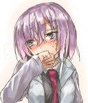  1girl absurdres araido_kagiri blush covering_mouth embarrassed fate/grand_order fate_(series) grey_hoodie hair_between_eyes heart heart-shaped_pupils highres hood hoodie mash_kyrielight necktie nose_blush short_hair sketch solo sweat symbol-shaped_pupils upper_body violet_eyes white_background 