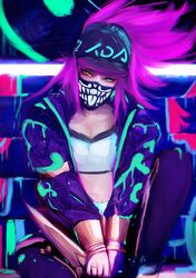  1girl absurdres blood_moon_akali drawing gynryo highres k/da_(league_of_legends) k/da_akali knife league_of_legends long_hair paint purple_hair solo tagme 