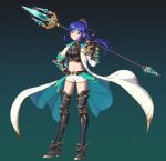  1girl :d armor armored_boots bangs black_background black_gloves blue_hair boots breastplate breasts coat collarbone commentary_request corsetman crop_top floating_hair full_body gauntlets gloves gradient gradient_background grin groin hair_ornament hand_on_hip hand_up high_heels highres holding holding_spear holding_weapon legs_apart long_coat long_hair long_sleeves love_live! love_live!_sunshine!! matsuura_kanan midriff navel open_clothes open_coat open_mouth over_shoulder parted_bangs polearm ponytail short_shorts shorts shoulder_armor sidelocks sleeves_folded_up small_breasts smile solo spear standing stomach tareme teeth thigh-highs thigh_boots thighs trident violet_eyes weapon weapon_over_shoulder white_coat white_shorts wing_collar 