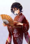  1girl black_eyes black_hair bleach cowboy_shot fan floral_print grey_background hair_between_eyes holding holding_fan japanese_clothes kimono kuchiki_rukia long_sleeves parted_lips print_kimono red_kimono shiny shiny_hair short_hair solo standing umi_(pixiv6861961) wide_sleeves 