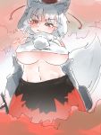  adapted_costume animal_ears breasts commentary_request detached_sleeves hat inubashiri_momiji navel pom_pom_(clothes) qralto red_eyes ribbon-trimmed_sleeves ribbon_trim tail tokin_hat touhou under_boob white_hair wide_sleeves wolf_ears wolf_tail 