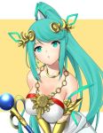  1girl bangs bare_shoulders blush breasts cosplay dolling60883582 dress eyebrows_visible_through_hair green_hair hair_ornament highres jewelry kid_icarus kid_icarus_uprising large_breasts long_hair looking_at_viewer nintendo palutena palutena_(cosplay) pneuma_(xenoblade) ponytail simple_background smile solo spoilers staff super_smash_bros. super_smash_bros._ultimate xenoblade_(series) xenoblade_2 