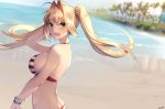  1girl beach bead_bracelet beads bikini blonde_hair bracelet breasts earrings fate/grand_order fate_(series) gendo0032 green_eyes hair_intakes halterneck jewelry large_breasts nero_claudius_(fate)_(all) nero_claudius_(swimsuit_caster)_(fate) ocean outdoors palm_tree red_bikini sideboob striped striped_bikini swimsuit tree twintails water waves 