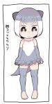  1girl absurdres animal_ears bare_shoulders black_border blush_stickers border brown_eyes chibi closed_mouth commentary_request eyebrows_visible_through_hair fingerless_gloves frilled_swimsuit frills gloves grey_gloves grey_hair grey_legwear grey_swimsuit hare_(tetterutei) highres kemono_friends multicolored_hair one-piece_swimsuit otter_ears otter_tail short_hair simple_background small-clawed_otter_(kemono_friends) smile solo standing swimsuit tail thigh-highs translated two-tone_hair white_background 
