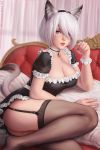  1girl animal_ears ass bell blue_eyes breasts cat_ears cat_tail choker cleavage couch garter_straps headband highres maid nier_(series) nier_automata paw_pose sciamano240 tail thigh-highs white_hair yorha_no._2_type_b 